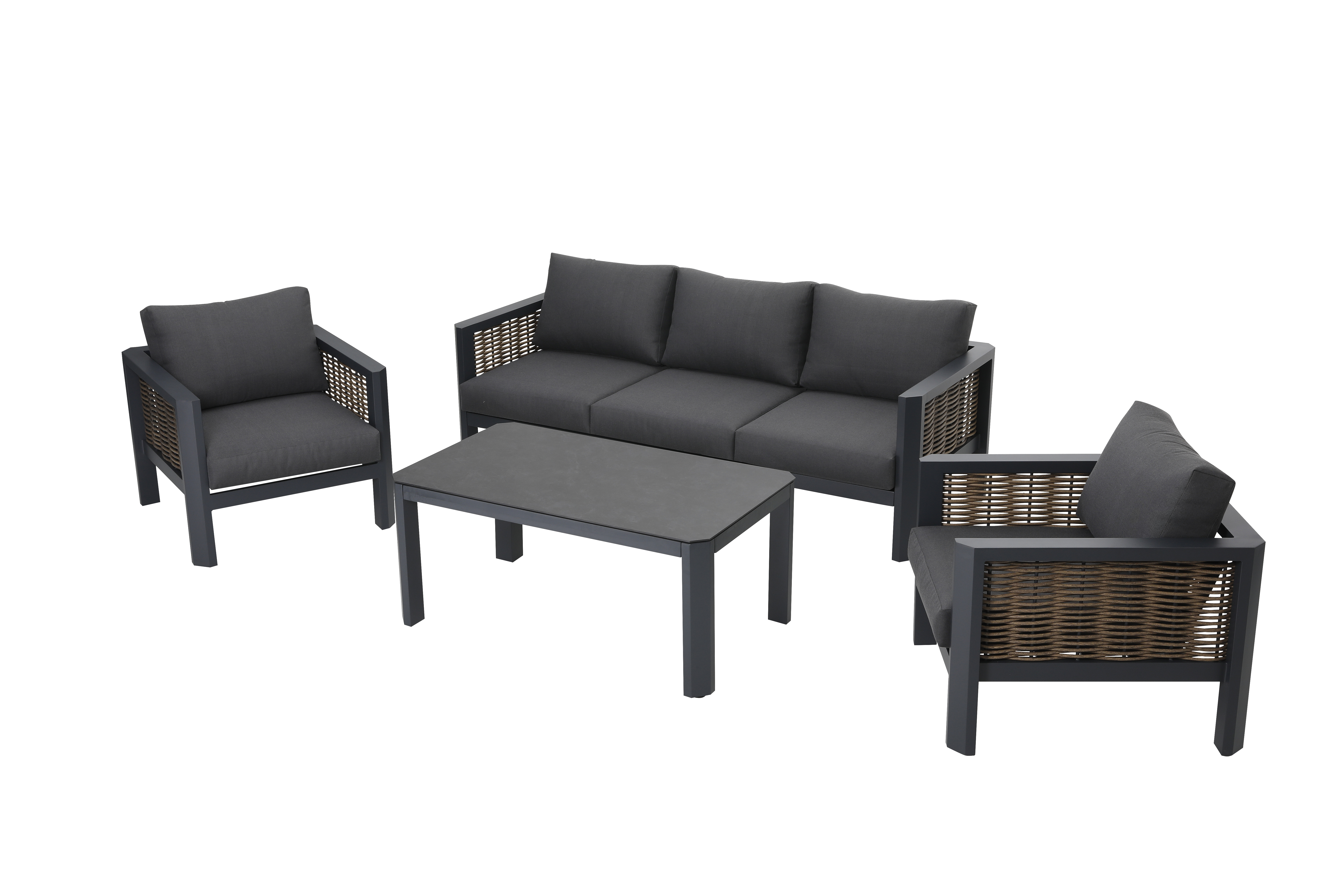 Gartenlounge Garnitur Calgary - großes Sofa + Tisch 120x70 cm + 2 bequeme Lounge Sessel