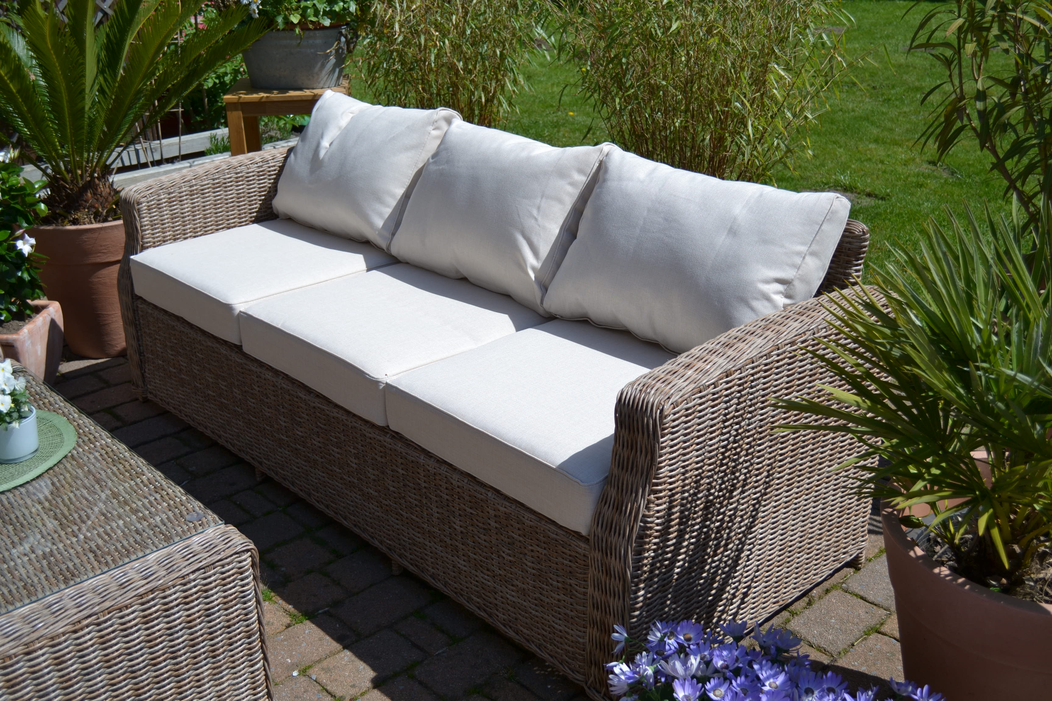 Lounge-Gruppe Gotland Natur (3-Sitzer Sofa plus 2 Lounge Sessel und 1 Tisch 134x 84 cm Höhe 44cm oder 68 cm