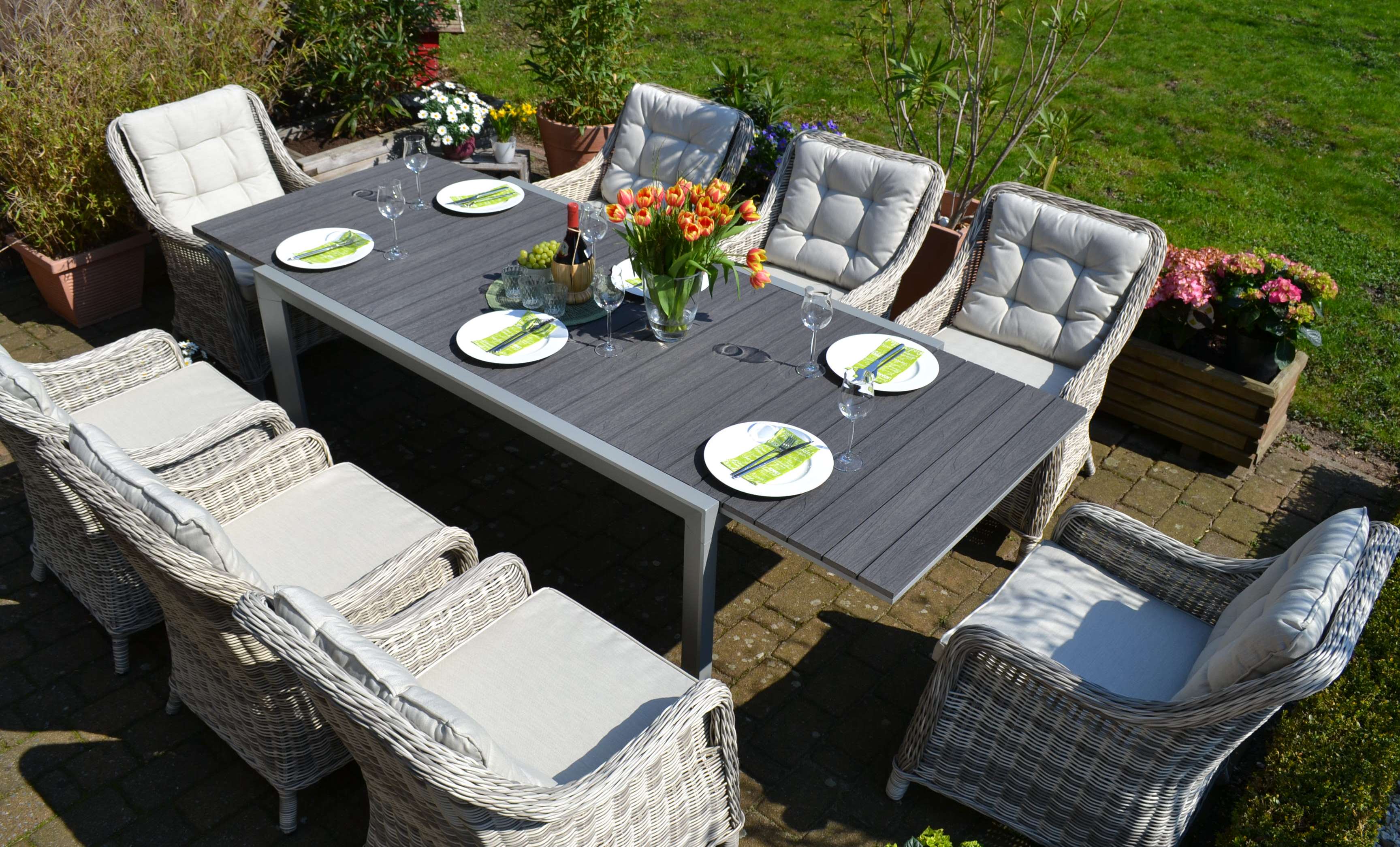 Essgruppe Neapel - Tisch verlängerbar 170/255x100cm + 6 Sessel grau Polster beige (15705)