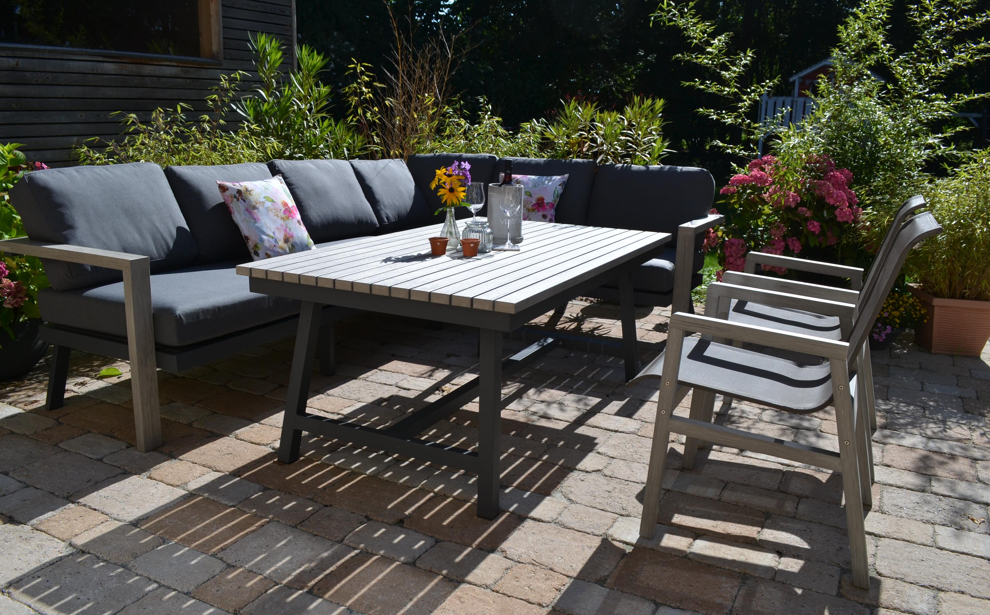 Garten Ecklounge Morgana + 1 Sessel + 2 Stühle Flavium + Tisch 165x100cm Grey - lange Seite links