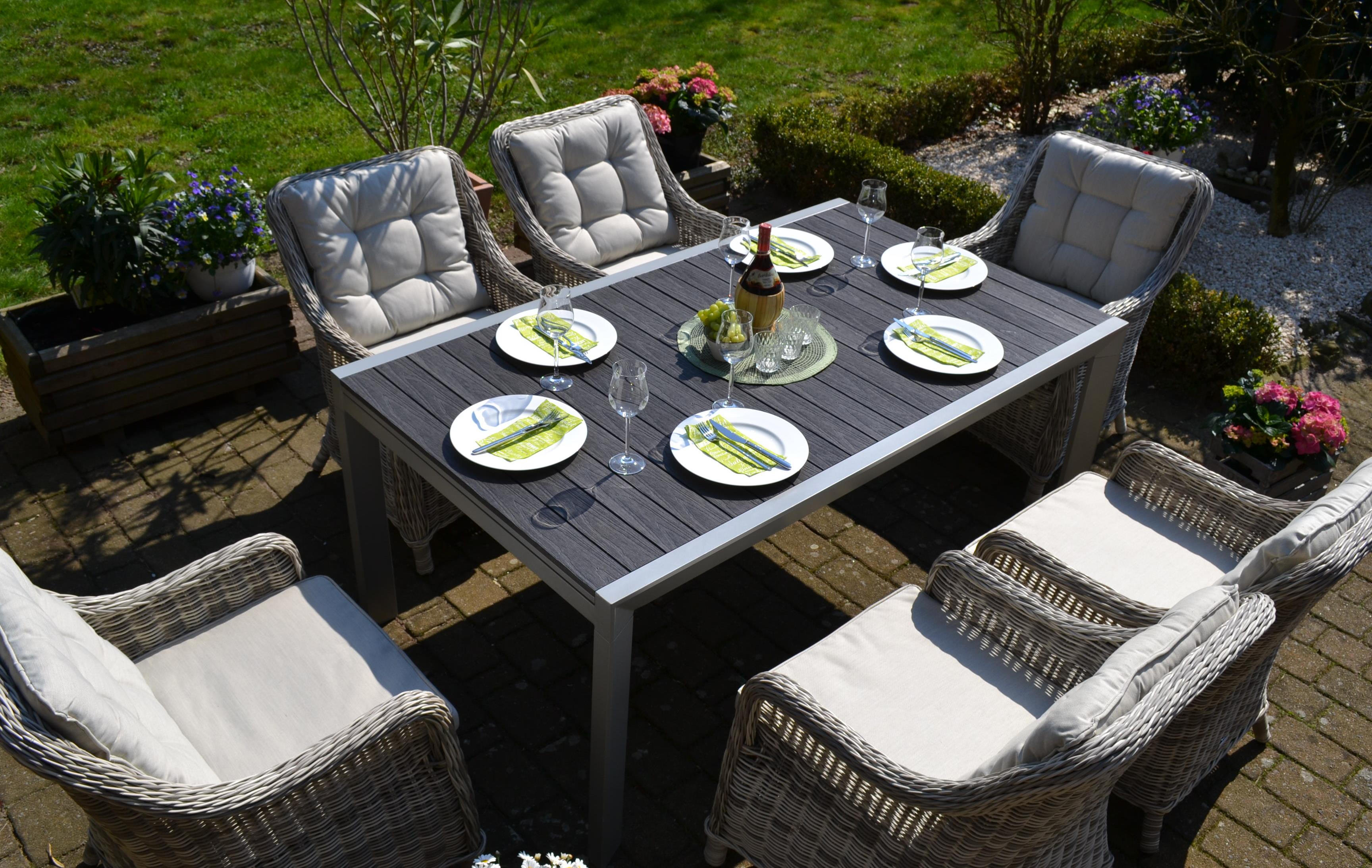 Essgruppe Neapel - Tisch verlängerbar 170/255x100cm + 8 Sessel grau Polster beige
