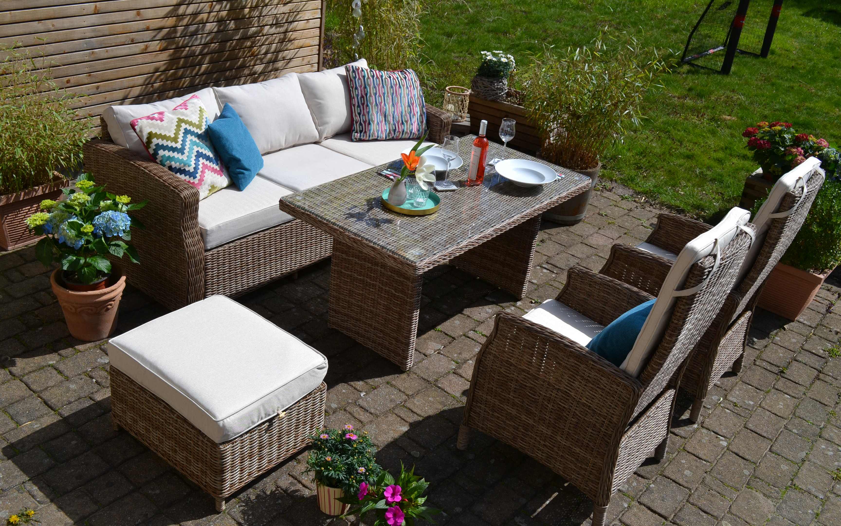 Vila Dining Lounge Gotland - 3-Sitzer Sofa + 2 Sessel mit Liegefunktion + Tisch Ca.140cm x 75cm x 68