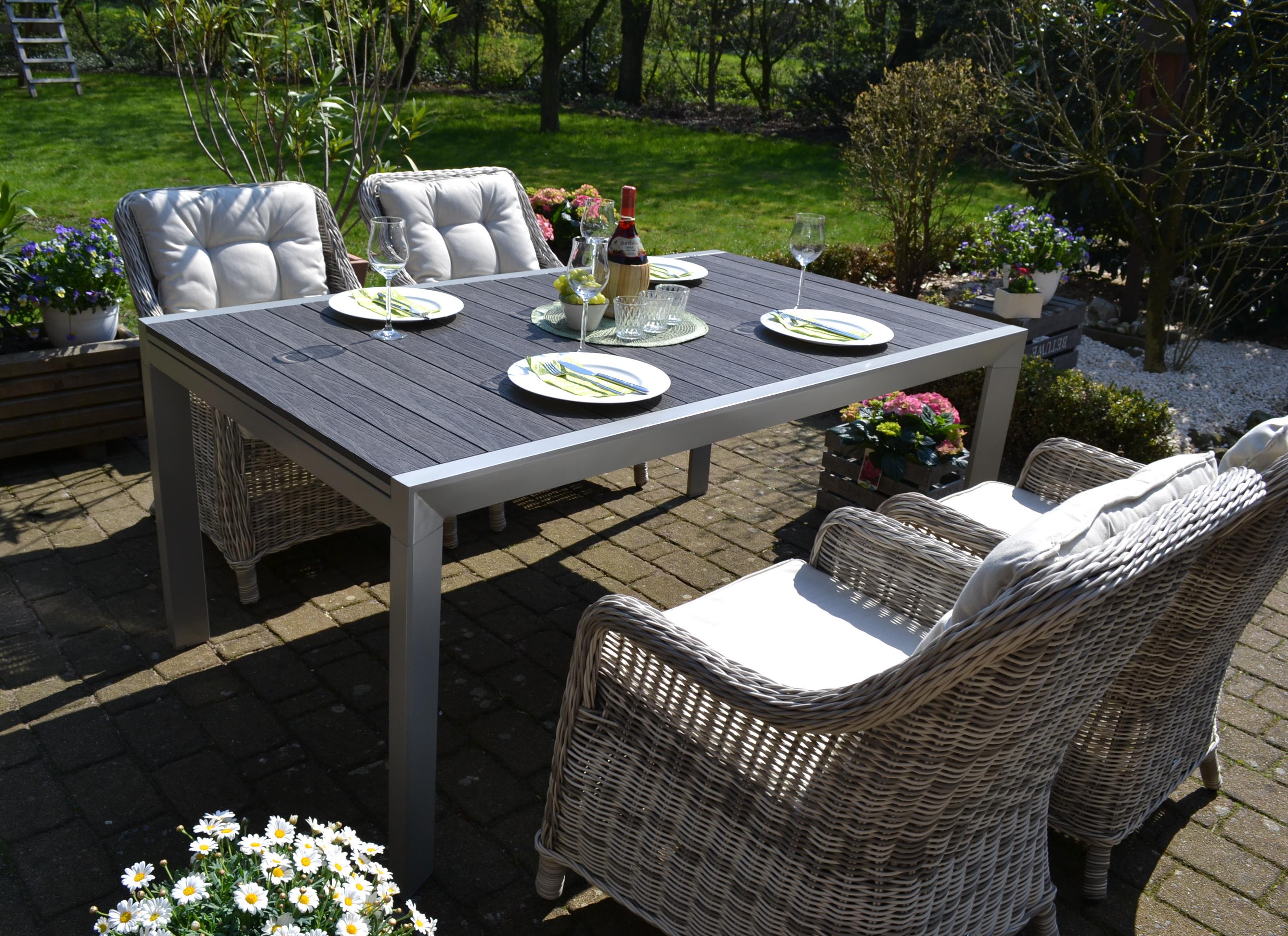 Essgruppe Neapel - Tisch verlängerbar 170/255x100cm + 8 Sessel grau Polster beige